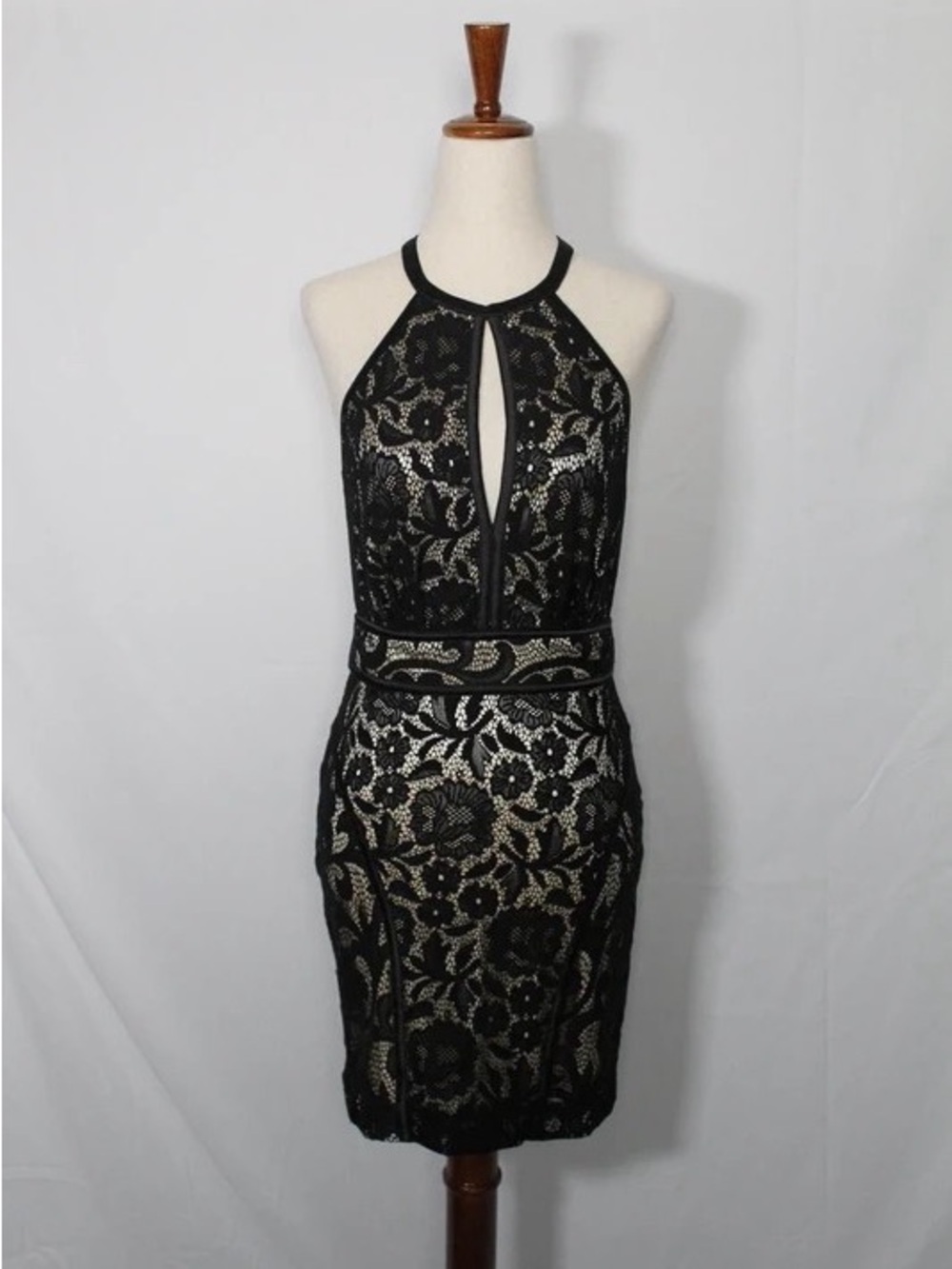 Black Lace Halter Maxi Dress with Contrast Nude Lining